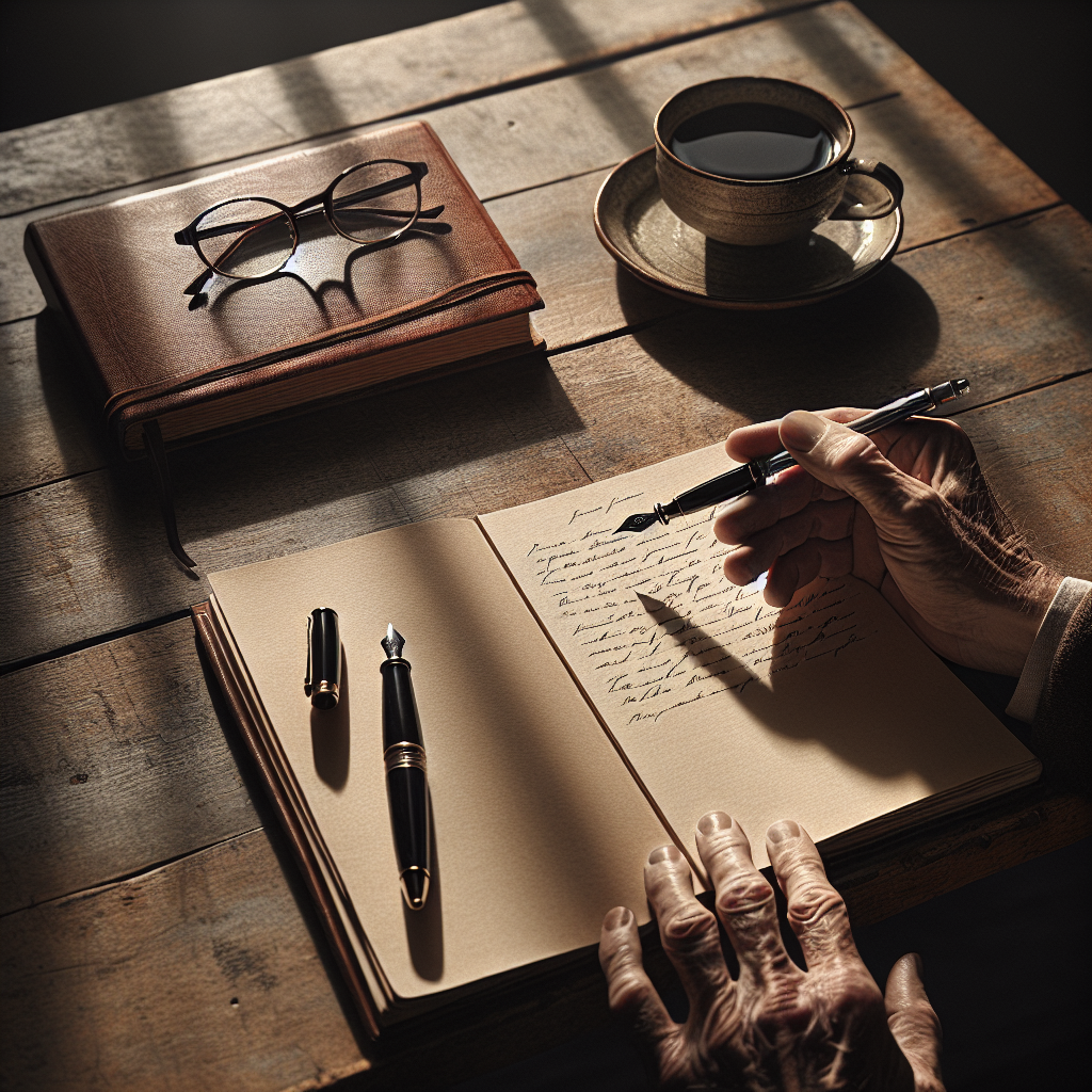 Open notebook on a wooden desk in warm window light