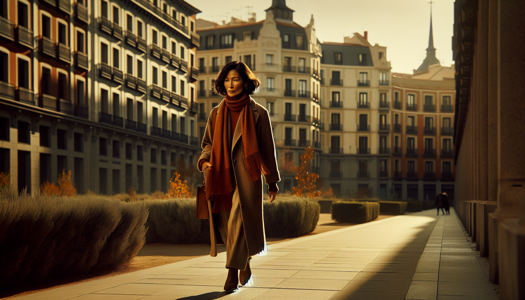 Person walking through Madrid in warm afternoon light